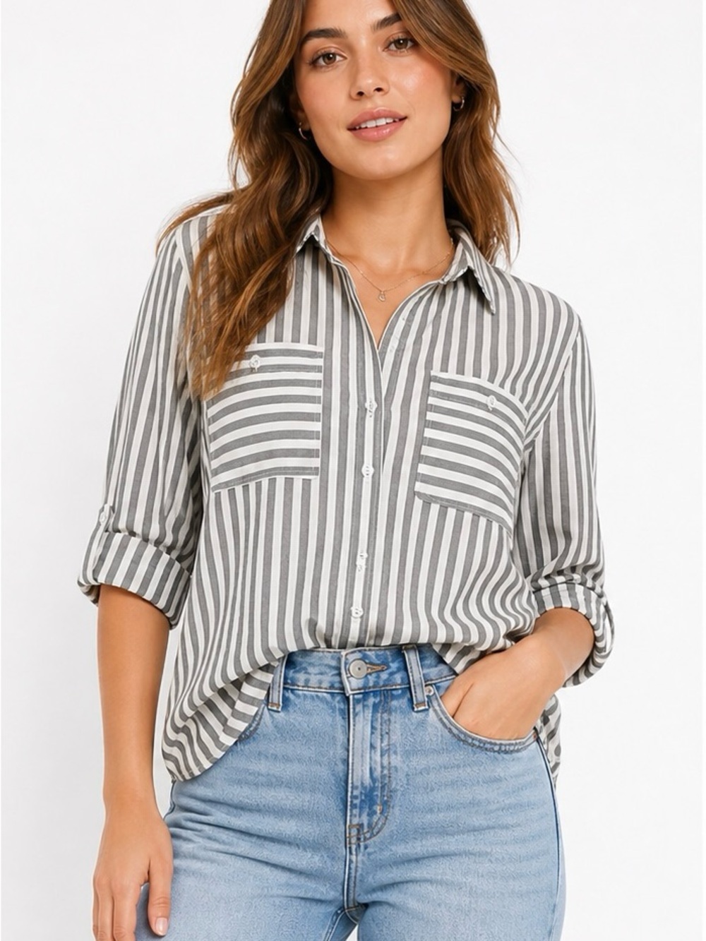 Classic Gray & White Striped Button-Down Shirt